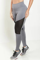 Calça Legging Cinza com Preto cintura Alta Assimétrica com Detalhe em Tulê