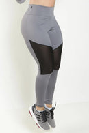 Calça Legging Cinza com Preto cintura Alta Assimétrica com Detalhe em Tulê
